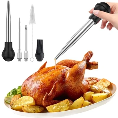 Image of Baster for Cooking Stainless Steel Turkey Basting Syringe Meat Marinade Injector Needle with 2 Needles Detachable Silicone Bulb and Cleaning Brush BBQ Grill Baking Kitchen(Black)