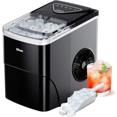Image of Silonn Ice Maker Machine, 9 Cubes Ready in 6 Mins, 12KG 24Hrs, Self Cleaning Machine with Scoop and Basket, 2 Sizes of Bullet for Home Kitchen Office Bar Party