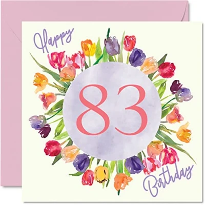 Image of Beautiful 83rd Birthday Cards for Women Watercolour Tulips Flowers Bouquet Happy Card Her Grandma Nanny Gran Mum Gifts, 145mm x Lovely Floral Greeting Gift