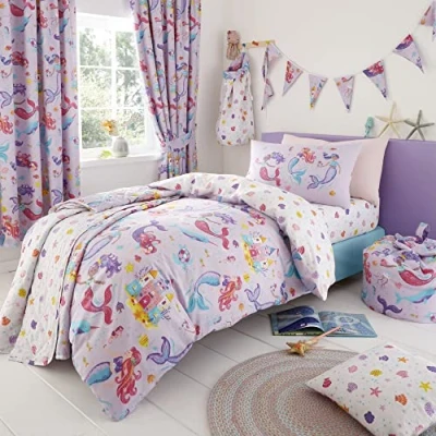 Image of Happy Linen Company Girls Kids Magical Mermaids Lilac Purple Double Reversible Duvet Cover Bedding Set