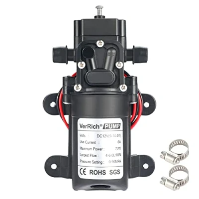 Image of VerRich 12V Water Pumps Diaphragm Pump Without Pressure Switch 70W 6 L/Min 0.9MPA 131 PSI(Straigt Connector with 2 Adjustable Hose Clamp)