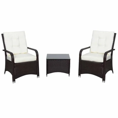 Image of Outsunny 3 Pieces Rattan Bistro Set with Furniture Cover, Wicker Garden Set, Glass Top Coffee Table and Chairs Cushions for Outdoor, Patio, Balcony, Cream White