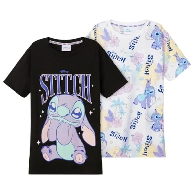 Image of Disney Stitch Girls Crew Neck T Shirts, Soft Breathable Pack of 2 Gifts (Black/White, 9 10 Years)