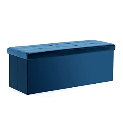 Image of HNNHOME Storage Ottoman with Lid 110 x 40 cm, Foldable Footstool 151L Capacity, Velvet Blanket Box Chest, Bedroom Bench, Living Room (Navy, Extralarge)