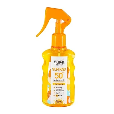 Image of Victoria Beauty Sun Kiss SPF 50 Oil Sunscreen Spray Water Resistant, Dermatologically Tested, Fast Absorbing Mist for Face &amp; Body with Squalane, Coconut Oil, and Sweet Almond 200ml