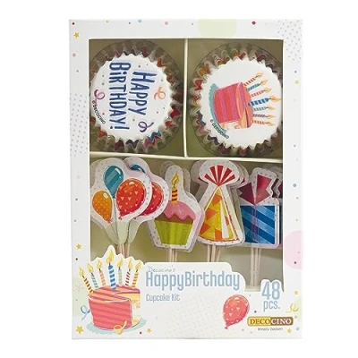 Image of DECOCINO Happy Birthday Muffin Set 48 Pieces 24 Cupcake Cases with Diameter 5 cm &amp; Toppers Made of Paper, Ideal Decoration for Children&#039;s Birthdays