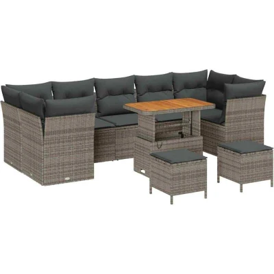 Image of vidaXL 10 Piece Garden Sofa Set with Cushions Grey Poly Rattan Acacia