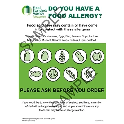Image of MF Goods Food Allergy AWARENESS POSTER A4 laminated sign intolerance Notice