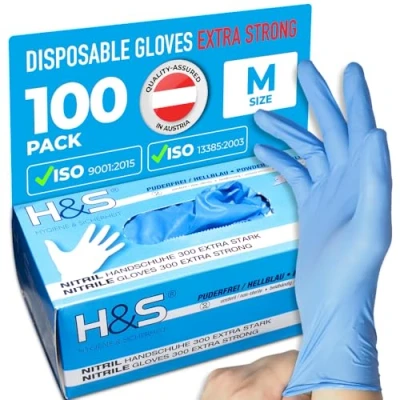 Image of Nitrile Gloves Extra Strong by H&amp;S (M / 8, Blue), Box of 100, Powder Free, Latex eudermic, Disposable Examination Gloves, nonsterile ambidextrous, Commercial use