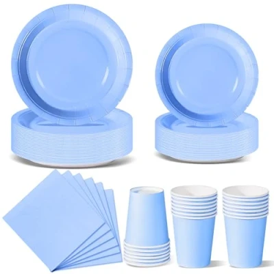 Image of Nkaiso Sky Blue Party Tableware, 96 Pieces Colorful Supplies Set Solid Color Paper Plates Cups and Napkins for Birthday