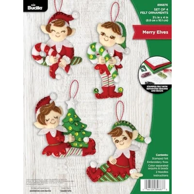 Image of Bucilla, Christmas Elves, Felt Applique 4 Piece Ornament Making Kit, Perfect for Holiday DIY Arts and Crafts, 89687E