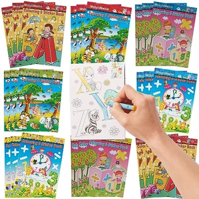 Image of THE TWIDDLERS 24 Mini Colouring Books for Party Bags with Stickers, A6 Size Multipack Kids Bag Fillers and Favours, Ideal School Classrooms, Travel, Birthdays, Weddings, Restaurants