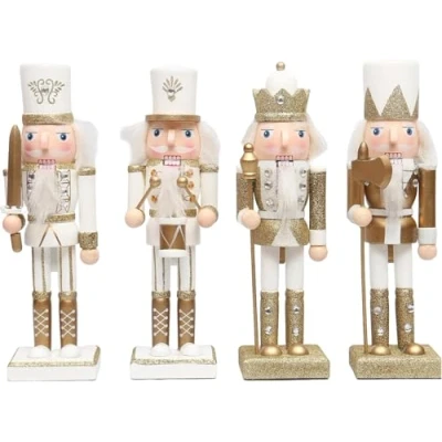 Image of SHATCHI 25cm Gold/White Wooden Christmas Nutcrackers 4pcs Set Soldiers King Drummer Puppet Figurines Home Decoration Ornament