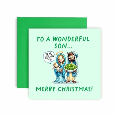 Image of Huxters Christmas Cards for Men Peas be with you Mary Jesus Son Card him Funny Holiday Fun 14.8cm (Son)
