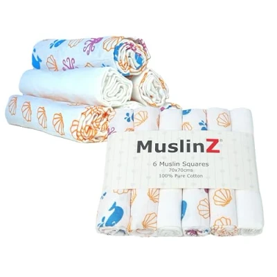 Image of MuslinZ 6pk Baby Muslin Squares Burp Cloths Dribble Cloth Breastfeeding Cover 70x70cm 100% Pure Cotton Absorbent &amp; Breathable (Sealife)
