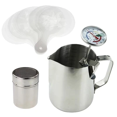 Image of Barista Kit Includes Milk Thermometer, 600ml Jug, Cocoa Shaker and 16 pc Stencil Set Ideal for Coffee Latte Cappuccino Mocha