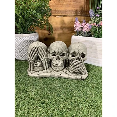 Image of STONE GARDEN SEE HEAR SPEAK NO EVIL GOTHIC DETAILED SKULL ORNAMENT