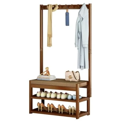 Image of Baannaww Heavy Duty Hall Tree with Bench, Coat Rack Stand 5 Hooks and 2 Tier Shoe Rack, FreeStanding Wooden Shelf for Hallway, Easy to Assemble
