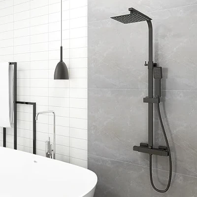 Image of BiuBiubath Thermostatic Shower Mixer Set, 38C Thermostat System with Rainfall Head, Handheld Shower, Anti Scald Bar Kit, Cool Touch (balck1)