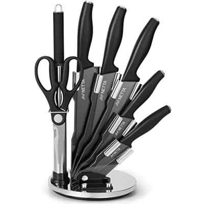 Image of NETTA Kitchen Knife Set with Block 7 Piece Stainless Steel Premium Clear Storage Block, 5 Knives, Scissors, Sharpener Black