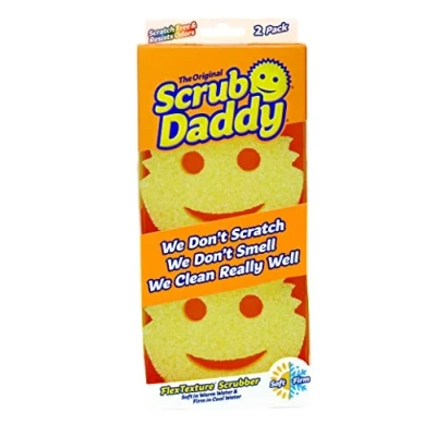 Image of Scrub Daddy Original Dish Sponge Twin Pack, Smiley Face Sponges for Cleaning &amp; Washing Up Multipack Kitchen Non Scratch Scourers with FlexTexture Firm Soft Scrubbing, Dishwashing Scrubber Yellow