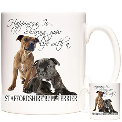 Image of KAZMUGZ Staffy Mug, Brindle and Fawn Staffordshire Bull Terrier Dog Gift, 11oz Ceramic Mug. Gift for Owners