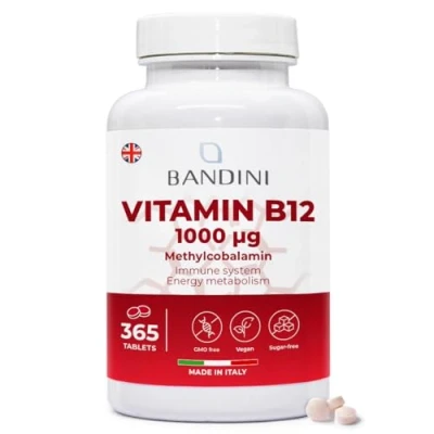 Image of Bandini® Vitamin B12 High Strength 365 Vegan Tablets for1 Year of Supply 1000 µg/mcg Methylcobalamin VIT B 12 Energy Boost, Tiredness, Fatigue, Immunity Support Non GMO, Laboratory Tested