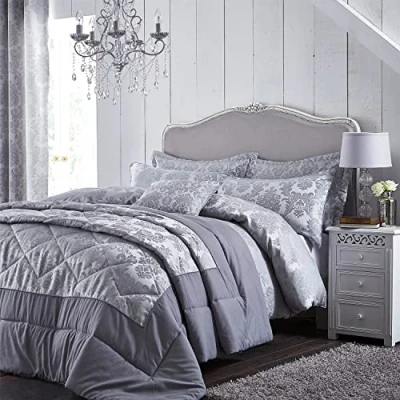 Image of Catherine Lansfield Damask Jacquard King Duvet Set Silver