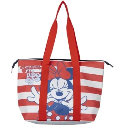 Image of CERDÁ LIFE&#039;S LITTLE MOMENTS Minnie Mouse Beach Bag Red and White 47x33x15cm Made in Polyester Fabric with Zipper Spacious Main Compartment Original Product Designed Spain