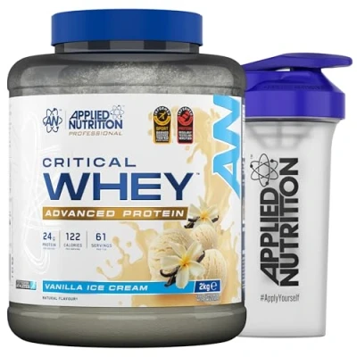 Image of Applied Nutrition Critical Whey Protein Powder 2kg + Plastic Shaker High Powder, Muscle Building Supplement with BCAAs &amp; Glutamine (2kg 67 Servings) (Vanilla Ice Cream)