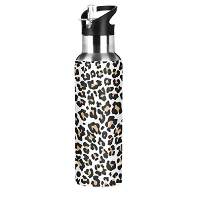 Image of JUMBEAR Brown Leopard Print Water Bottle Acuum Insulated Stainless Steel Leakproof Wide Mouth with Straw Lid for Fitness Gym and Outdoor Sports 22OZ