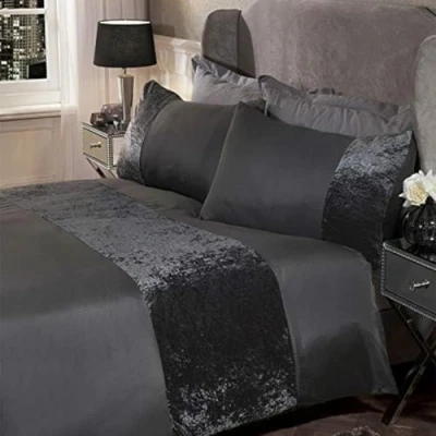 Image of Sienna Band Duvet Set, 100% Polyester, Crushed Velvet, Charcoal Grey, Single