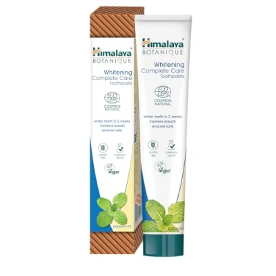 Image of Ecocert Cosmos Natural Certified Himalaya Botanique Whitening Complete Care Toothpaste Peppermint Flavor Whiter Teeth and Fresh Breath with Gentle Plant Enzymes, Fluoride Free &amp; Gluten Free, 75 ml