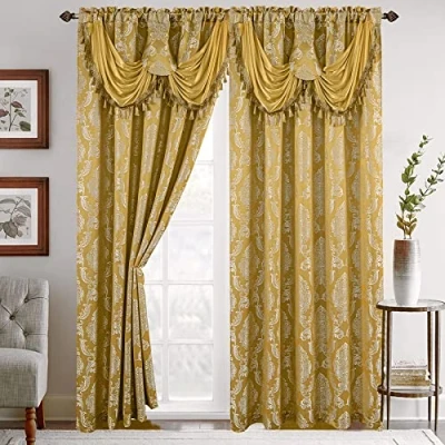Image of Elegant Comfort Jacquard Look Curtain Panel Set with Attached Waterfall Valance, (Set of 2), 54 x 84 Inches, Yellow
