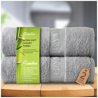 Image of GC GAVENO CAVAILIA Bamboo Bath Sheet Extra Large (80x140cm) 500 GSM Super Water Absorbent Towels 2 Pack (60% Bamboo, 40% Cotton) Soft Towel Sheets Silver