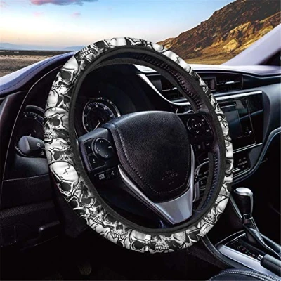 Image of SEANATIVE Wheel Sleeve Protector Wrap White Skull Design Breathable Anti slip Vehical Steering Cover for Most Car Sedan Van Truck Easy to Install
