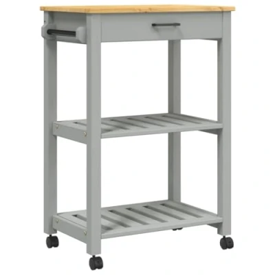 Image of vidaXL MONZA Rolling Kitchen Trolley Solid Pine Wood Storage Cart with Drawer, Shelves, Hooks in Honey Wax Finish