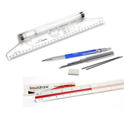 Image of Liquidraw Triangular Scale Ruler &amp; Rolling 30cm Set With Mechanical Clutch Pencil 2mm, Leads Eraser For Architectural Drawing Artists Architects Engineers
