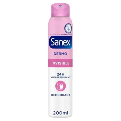 Image of Sanex Dermo Invisible Antiperspirant Deodorant Spray 200ml up to 24hour sweat and odour protection antistain restores skin’s natural pH dermatologically tested