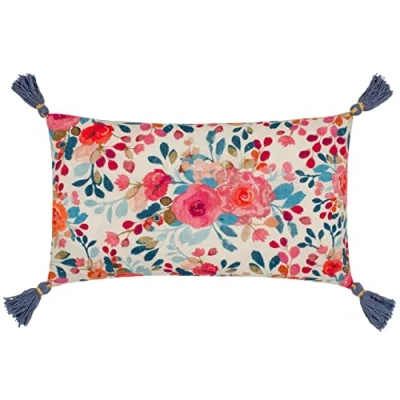 Image of Wylder Posies Floral Tasselled Feather Filled Cushion Multicolour Cotton One Size