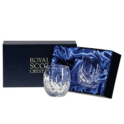 Image of Royal Scot Crystal London Hand Cut Glass Whisky Barrel Tumbler Set of 2 in Presentation Box 240ml 8fl oz