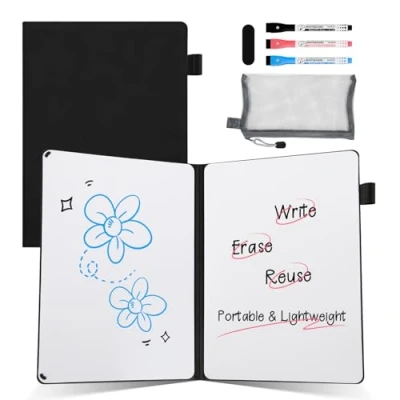 Image of AGM A5 Mini Whiteboard, Portable Dry Erase Board with 3 Colored Markers, Eraser, and Mesh Pouch, Ideal for Studying, Meetings, Note Taking, Doodling Black