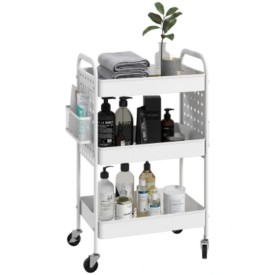 Image of HOMCOM 3 tier Storage Trolley on Wheels, Rolling Utility Serving Cart with Mesh Baskets, 2 Hanging Boxes and 6 Hooks for Living Room, Kitchen, White
