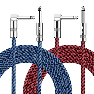 Image of Sovvid Guitar Cable 10FT 2 Pack Instrument Cord Electric AMP for Bass Keyboard 1/4 Inch Right Angle Blue and Red