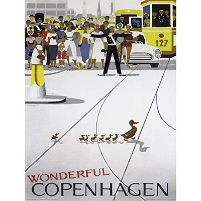 Image of Wee Blue Coo Travel Copenhagen Smiling Duck Vintage Advertising Retro By Art Print Poster Wall Decor 12X16 Inch