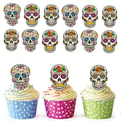 Image of Sugar Skull Day of the Dead Cupcake Toppers/Cake Decorations (Pack 12)