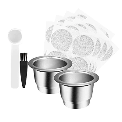 Image of CENPEK Refillable Coffee Capsules Cup Stainless Steel Nes presso Pods Compatible with Machines (2 Cups+100 Lids)