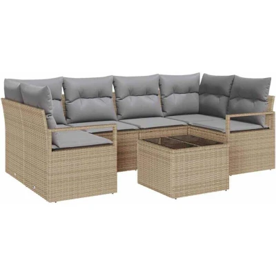 Image of vidaXL 7 Piece Garden Sofa Set with Cushions Beige Poly Rattan