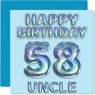Image of 58th Birthday Card for Uncle Blue Glitter Party Balloons Happy Cards 58 Year Old from Nephew Niece, 145mm x Bday Greeting Gift