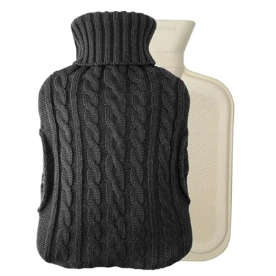 Image of Crystals 2L Hot Water Bottle with Knitted Cover &amp; Built in Pockets Natural Rubber Bag for Heat Cold Therapy, Pain Relief Neck, Shoulders, Hands, Feet Hand Warmer (Black)